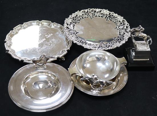 A 1980s small silver show jumping trophy, a silver salver,quaich and pedestal dish and three plated dishes.